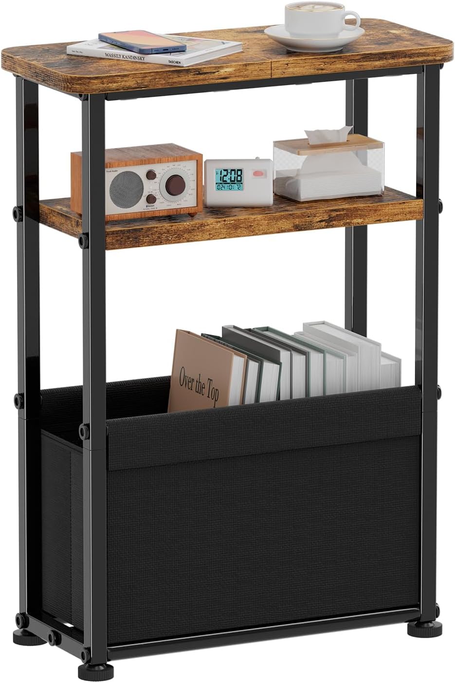 Simple Trending Side Table, 3-Tier Modern End Table with Fabric Basket, Skinny Bedside Table, Thin Nightstand for Bedroom Living Room, Rustic Brown