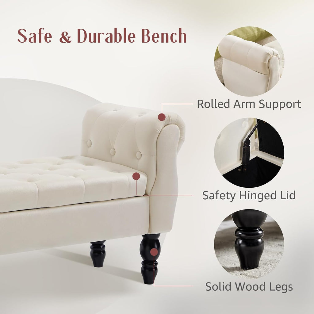 47.6" Storage Bench for End of Bed Bedroom, Velvet Ottoman Bench with Arms and Wood Legs, Upholstered Tufted Button Entryway Bench with Storage, Window Sitting Bench for Living Room, Cream
