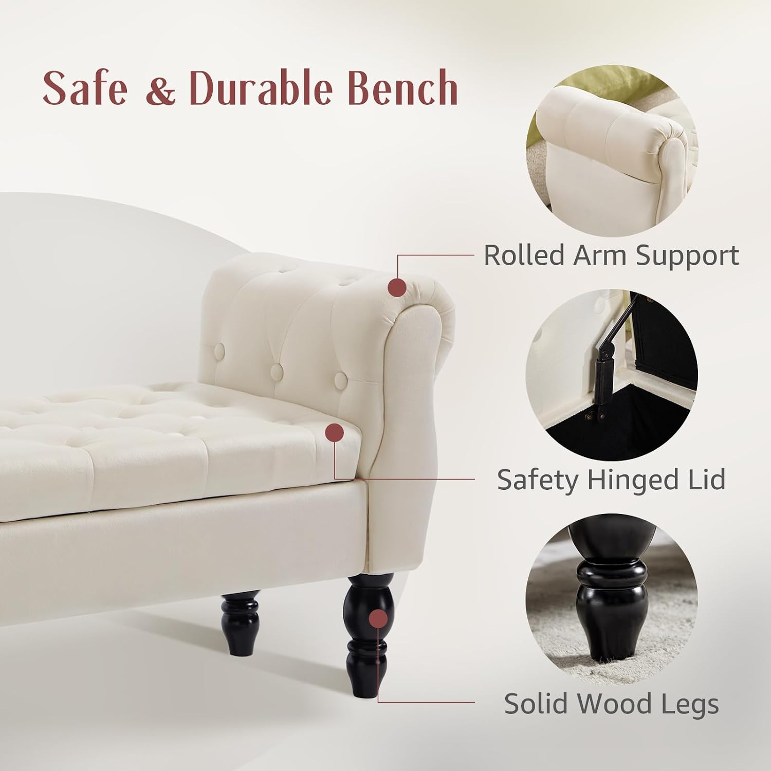 47.6" Storage Bench for End of Bed Bedroom, Velvet Ottoman Bench with Arms and Wood Legs, Upholstered Tufted Button Entryway Bench with Storage, Window Sitting Bench for Living Room, Cream