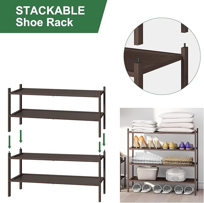 Bamboo Shoe Rack for Entryway, 2-Tier Stackable | Foldable | Natural, Shoe Organizer for Hallway Closet, Free Standing Shoe Racks for Indoor Outdoor