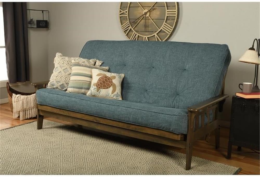 BOWERY HILL Queen-Size Wood Futon, Rustic Walnut Brown Frame, Linen Aqua Blue Mattress, Convertible Sofa Bed, Solid Hardwood Construction, Coil Spring Cushion, Versatile Living Room or Guest Room