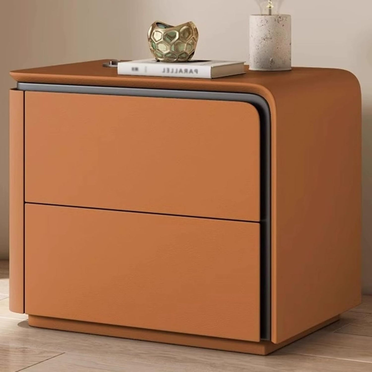 Nightstand Wooden, Bedside Table PU Finish, 2 Drawers Bedside Tables, Side Bed Table with No Installation Required, for Bedroom/Sofa Side Table(Right,Orange_19.68"/50CM)