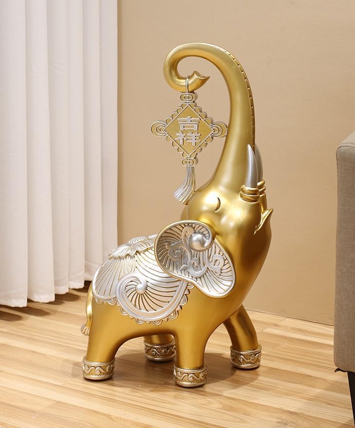 Large Luxury Elephant Side Table, Artistic Home Decor Accent, Resin Sofa End Table with Glass Top for Living Room, TV Cabinet, Housewarming Gift (Gold)
