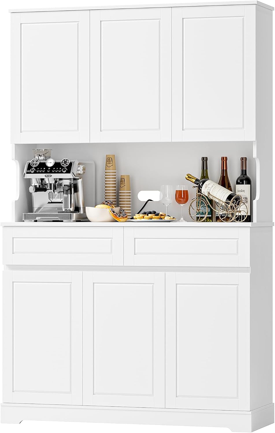 FACBOTALL 74" Pantry Cabinet, Tall Kitchen Pantry with 6 Doors & 2 Drawers | Kitchen Hutch with Wide Countertop, Modern Kitchens Cupboard with Adjustable Shelves and Charge Holes, White