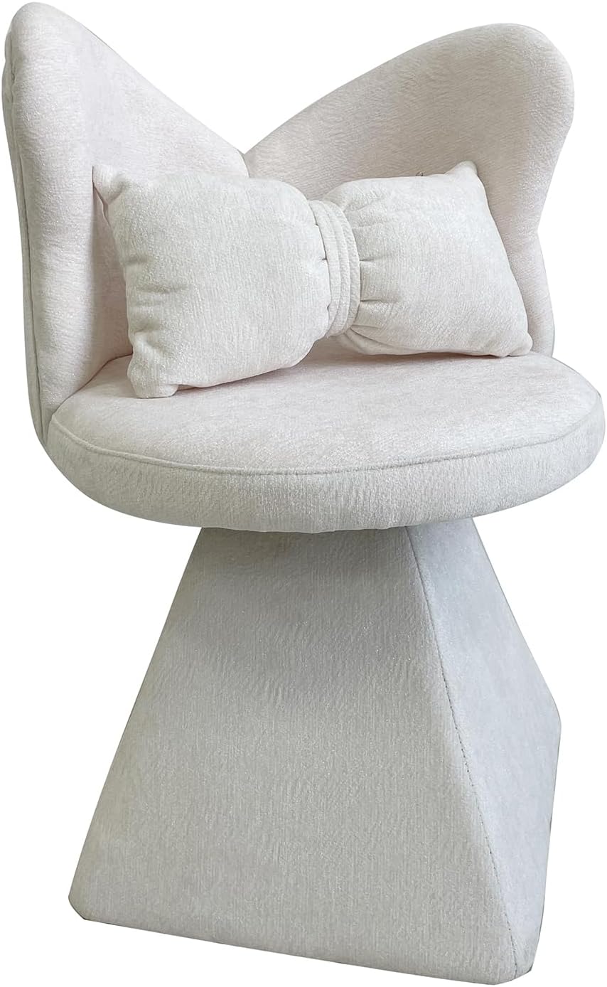 Bedroom Living Room Butterfly Back Chenille Velvet Vanity Stool, Triangular Solid Base 300LBS Heavy-Duty, 360° Swivel Accent Chair for Dressing Table & Dining Space, White