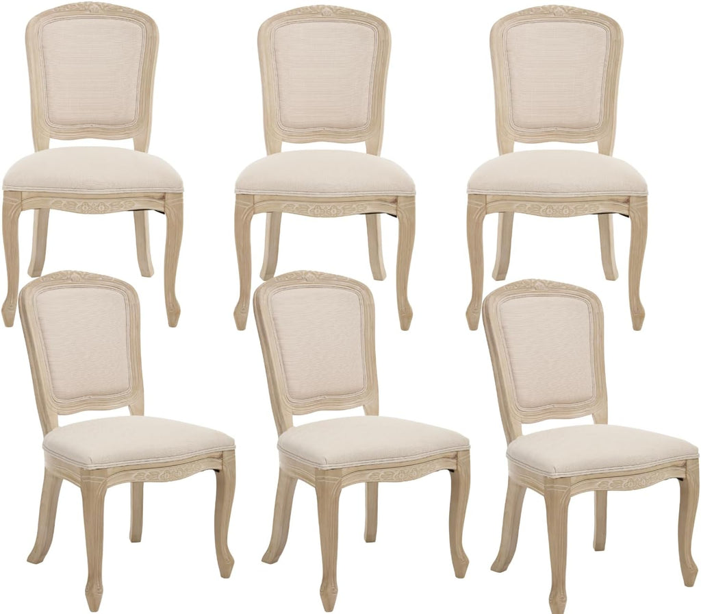 chairus French Country Dining Chairs Set of 6, Upholstered Linen Dining Room Chairs with Square Solid Back Natural Carved Leg Farmhouse Accent Side Chairs for Kitchen/Restaurant/Living Room, Cream
