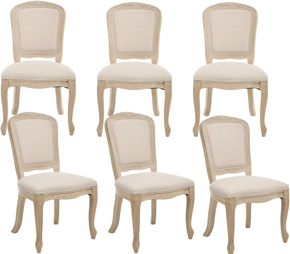 chairus French Country Dining Chairs Set of 6, Upholstered Linen Dining Room Chairs with Square Solid Back Natural Carved Leg Farmhouse Accent Side Chairs for Kitchen/Restaurant/Living Room, Cream