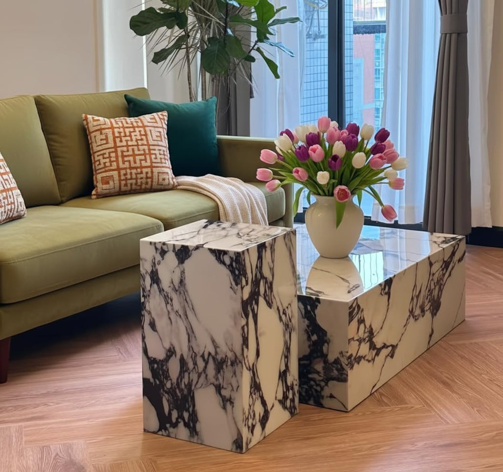 Natural Calacatta Viola Marble Side Table, 11.8" Square End Table for Living Room and Bedroom, Luxury Real Stone Nightstand, Heavy Duty Small Coffee Table, No Assembly Required, 19.6" Height