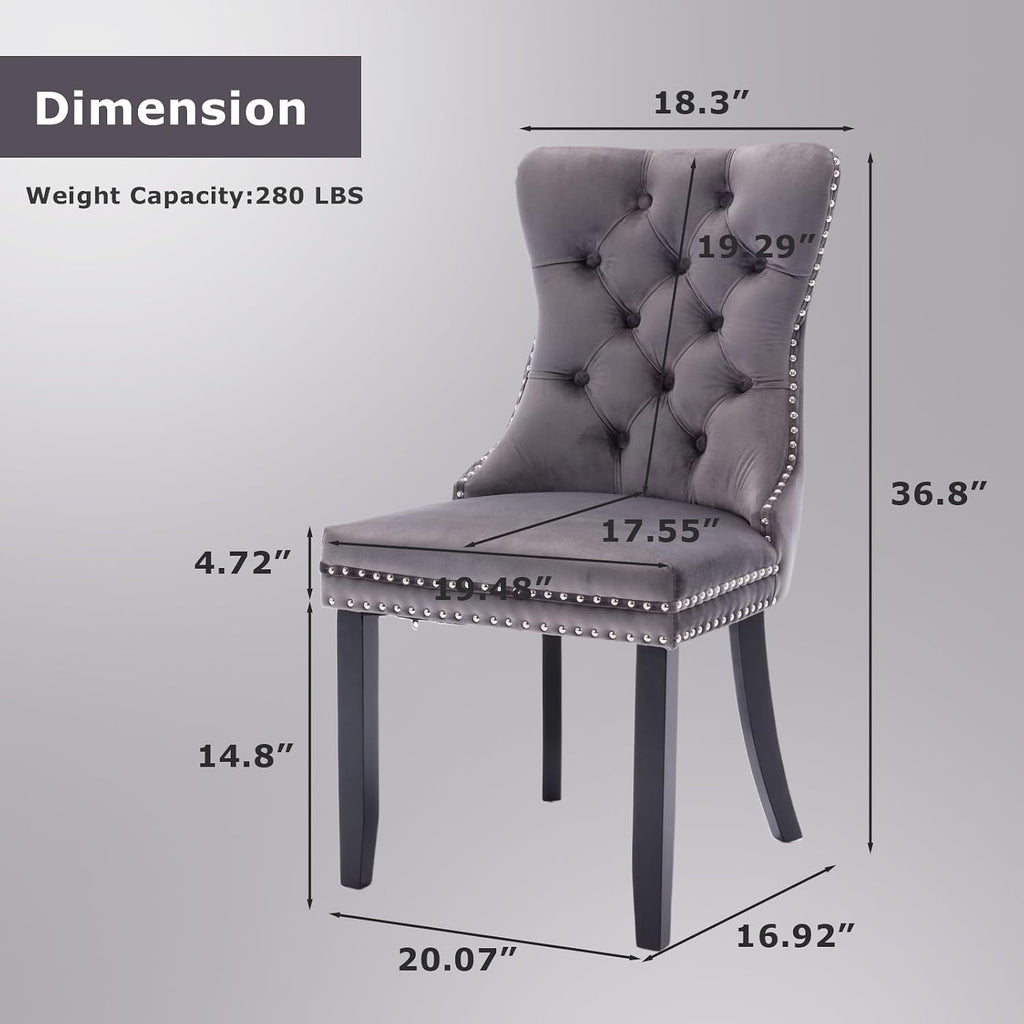 Velvet Dining Chairs Set of 2,Upholstered Dining Room Chairs with Ring Pull Trim&Solid Wood Legs,Farmhouse Tufted Kitchen Chairs with Nailhead,Grey