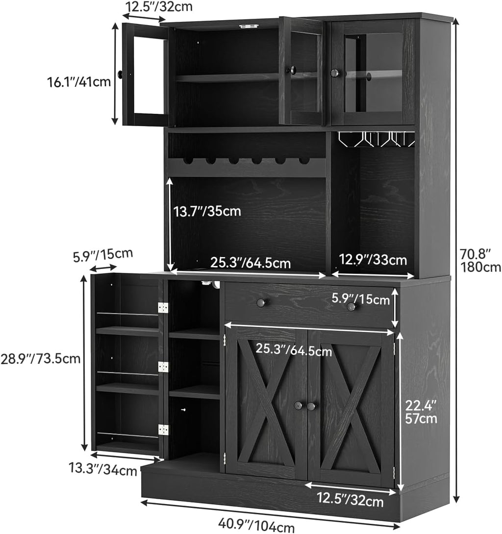 YITAHOME 71''H Kitchen Pantry Cabinet, Black Oak | Tall Cabinet with Drawer, Doors & Goblet Holder, Wine Rack, Power Outlet, For Kitchen & Living Room