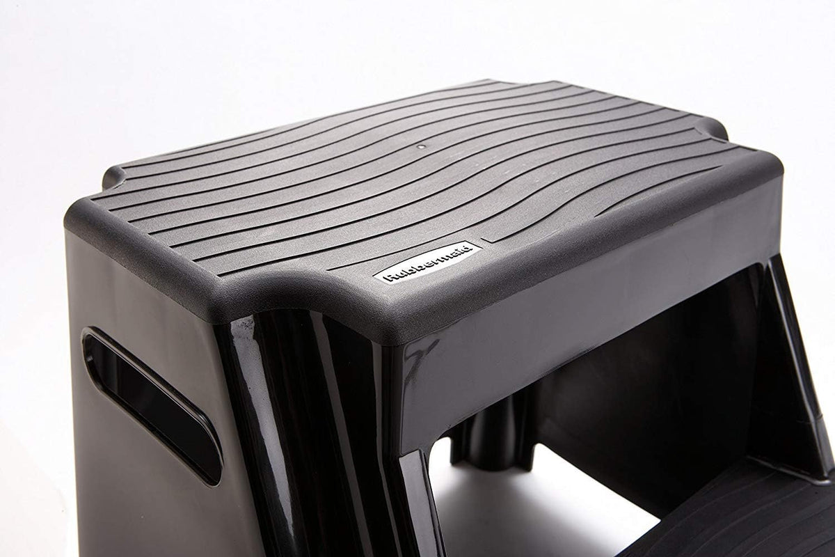 Rubbermaid 2-Step Plastic Stool, 300 lb Capacity, Lightweight, Black | Slip-resistant treads, Non-marring feet, Large standing platform, Cutout carry handles, No assembly required