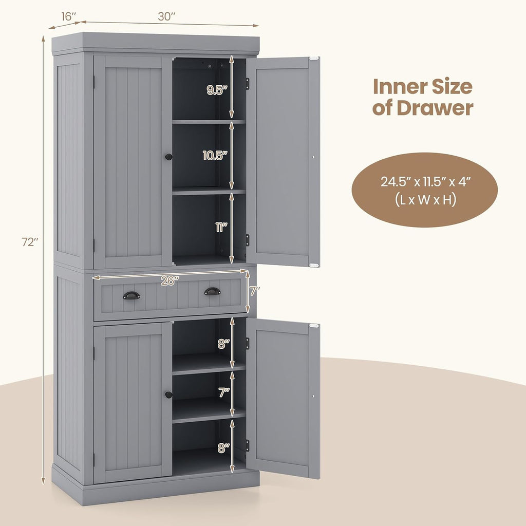 Tangkula 72" H Kitchen Pantry Cupboard Cabinet, Traditional Freestanding Large Tall Storage Cabinet with 2 Cabinets and Drawer, Adjustable Shelves, for Living Room Kitchen, 30 x 16 x 72 Inch