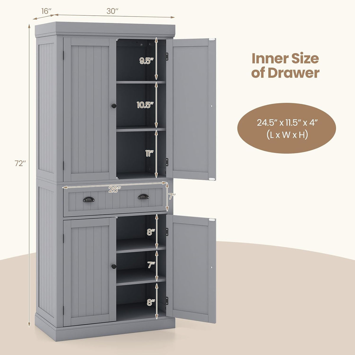 Tangkula 72" H Kitchen Pantry Cupboard Cabinet, Traditional Freestanding Large Tall Storage Cabinet with 2 Cabinets and Drawer, Adjustable Shelves, for Living Room Kitchen, 30 x 16 x 72 Inch