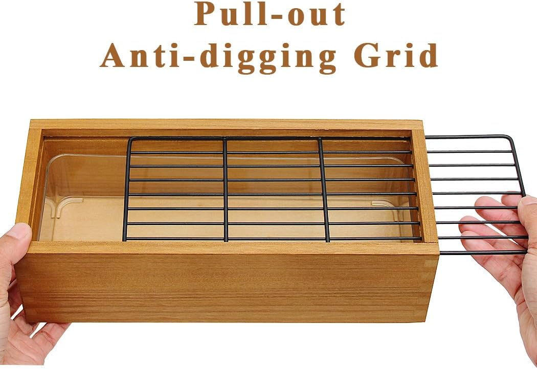Wooden Cat Grass Planter (no Seeds Included) with Potting Soil Disks, Anti-Digging Grid and Removable Plastic Liner, Wheat Grass Growing Pot, Cat Grass Kit for Indoor Cats Pets (Aged Yellow)