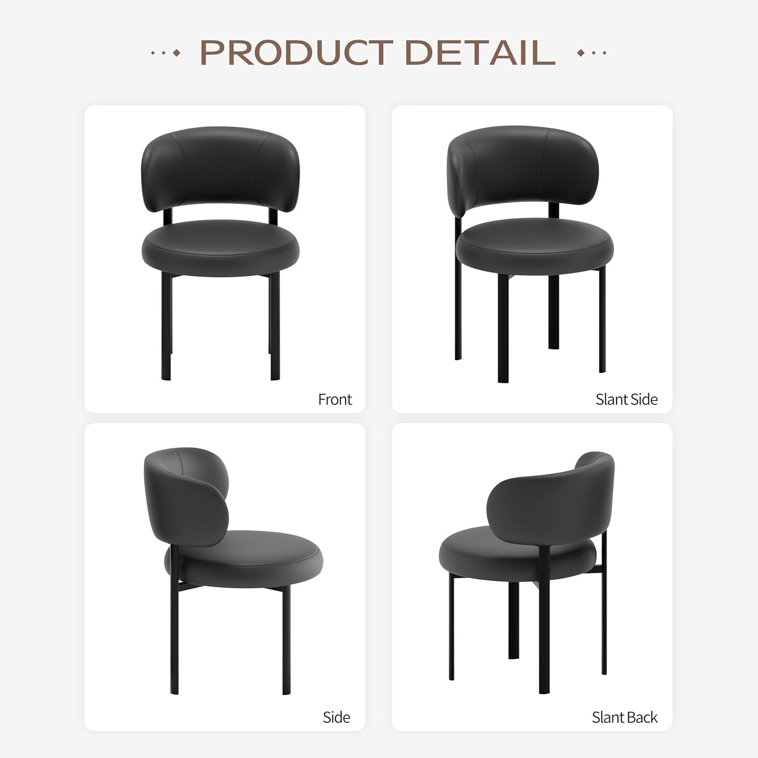 Black Dining Chairs Set of 4 Upholstered Leather Dining Chair with Curved Backrest, Mid Century Modern Chair with Metal Frame, Comfortable Chairs for Kitchen and Dining Room, Restaurant,Bar (Black-4)