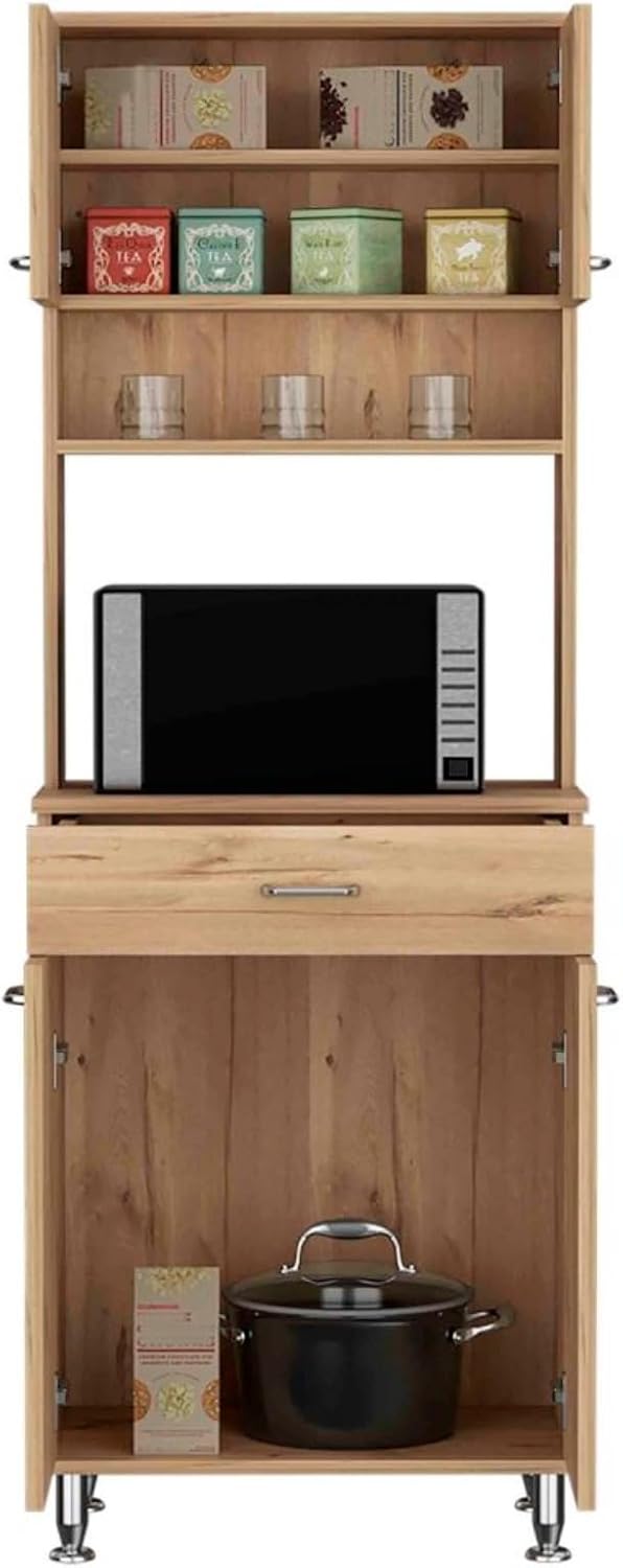 60" Freestanding Kitchen Panty Solid Wood Food Pantries with Storage Shelf & Open Countertop, Tall Buffet Cabinet Kitchenware Server with Microwave Stand & Silver Metal Handles (Beige)