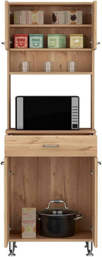 60" Freestanding Kitchen Panty Solid Wood Food Pantries with Storage Shelf & Open Countertop, Tall Buffet Cabinet Kitchenware Server with Microwave Stand & Silver Metal Handles (Beige)