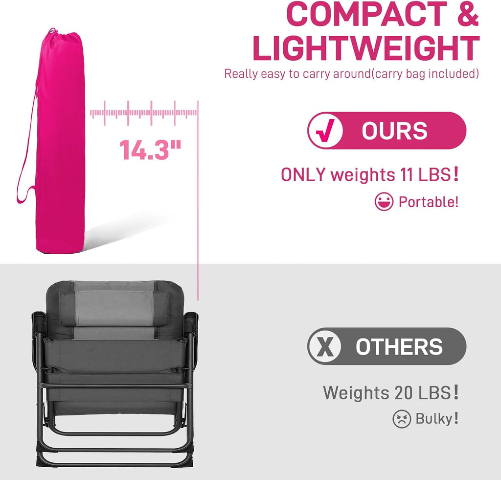 EVER ADVANCED Reclining Camping Chairs for Adult Lightweight, Folding Recliner Chair with Adjustable Back, 4-Level Lounge Chairs, Portable Lawn Chairs for Patio Balcony, Supports 350lbs Pink