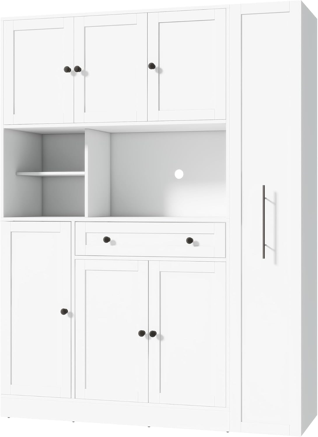 70 Inch Buffet with Hutch and Pull-Out Side Cabinet, White | White P2 MDF, kitchen or dining room, 7-tier side organizer, door shelves, adjustable shelves, open workstation, 52.8 in W