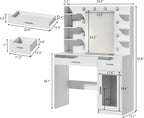 HUAHUU Vanity Desk with Mirror and Lights, Makeup Vanity Desk with Lights 3 Colors, Transparent Top Vanity with 2 RGB Drawers, 6 Shelves, Large Tempered Cabinet, Power Outlet, for Bedroom, White