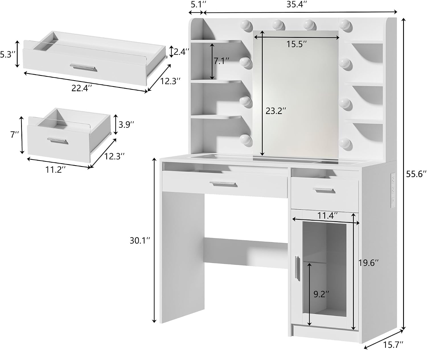 HUAHUU Vanity Desk with Mirror and Lights, Makeup Vanity Desk with Lights 3 Colors, Transparent Top Vanity with 2 RGB Drawers, 6 Shelves, Large Tempered Cabinet, Power Outlet, for Bedroom, White
