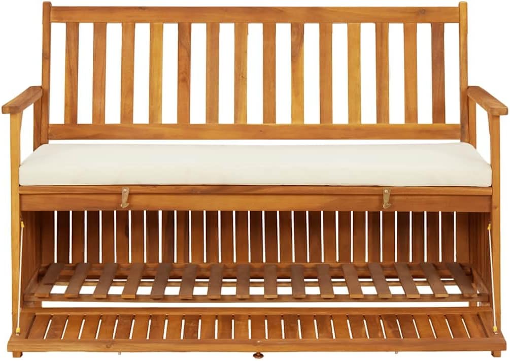 Patio Storage Bench, Solid Acacia Wood Outdoor Garden Bench with Seating for 2, Rustic Entryway Storage Settee with Soft Cushion for Deck, Porch or Mudroom, 47.2 x 24.8 x 33.1 in