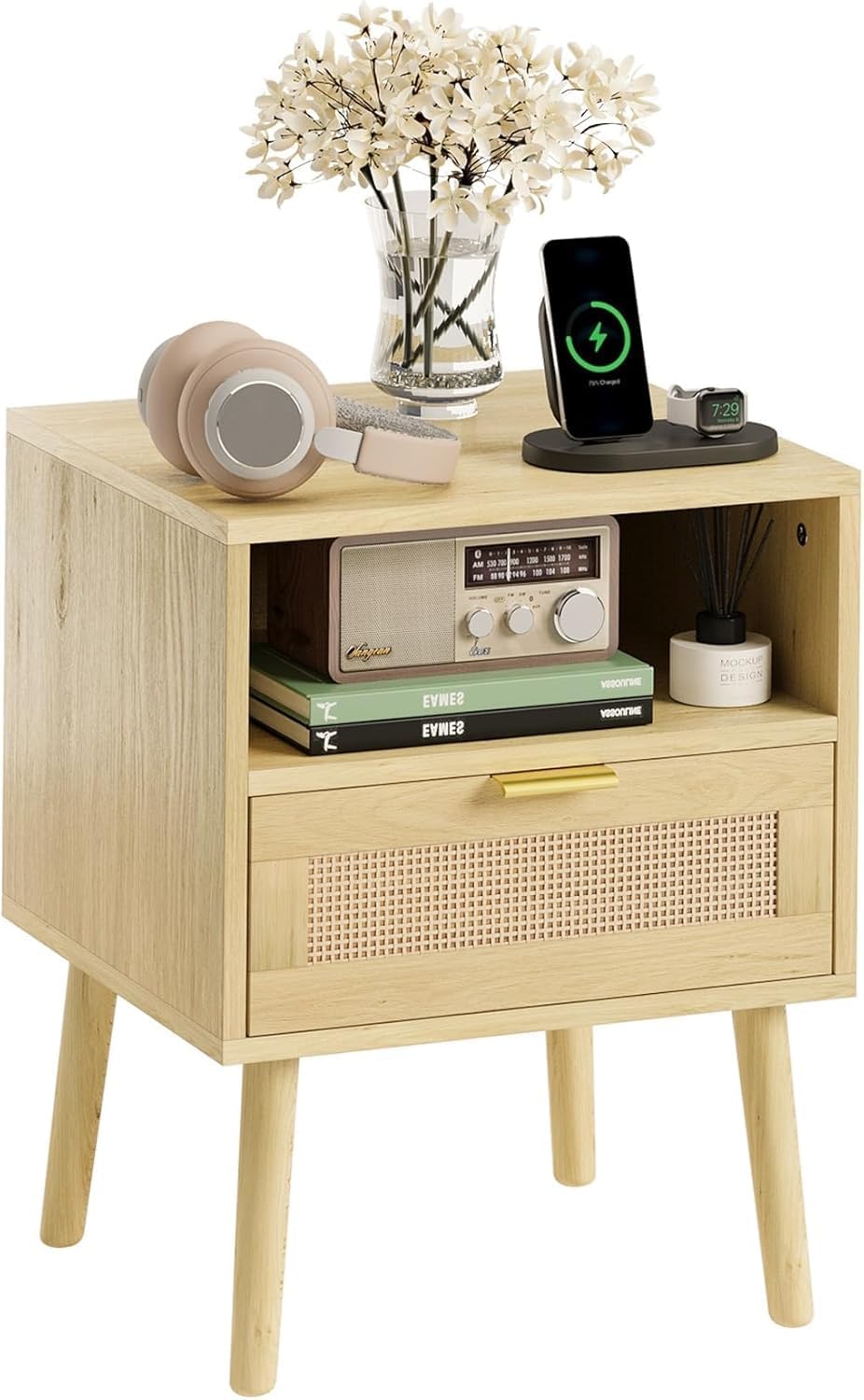 Smart Rattan Nightstand, Boho Side Table with Drawer Open Shelf, Wood Accent Bedside End Table for Small Places, Bedroom, Natural Oak