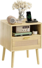 Smart Rattan Nightstand, Boho Side Table with Drawer Open Shelf, Wood Accent Bedside End Table for Small Places, Bedroom, Natural Oak