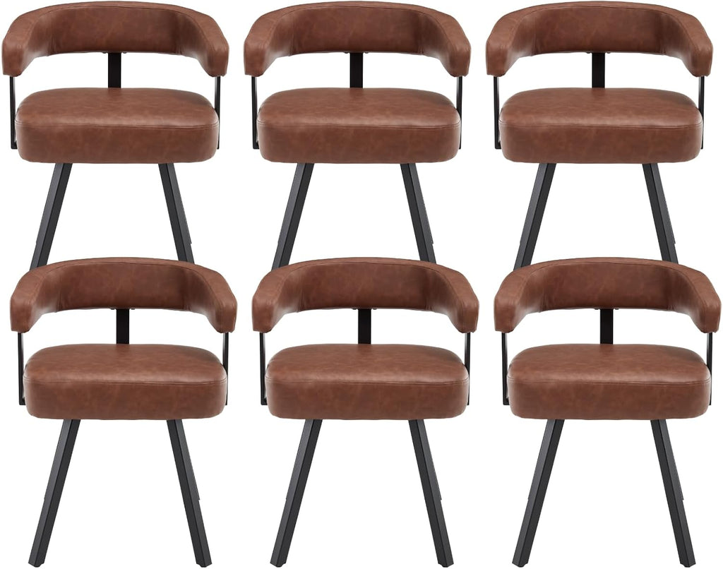 Shunzhi Brown Upholstered Leather Dining Chairs Set of 6 Modern Barrel Dining Room Chairs Comfy Kitchen Chairs Armless PU Side Chair with Curved Back for Living Room/Restaurant