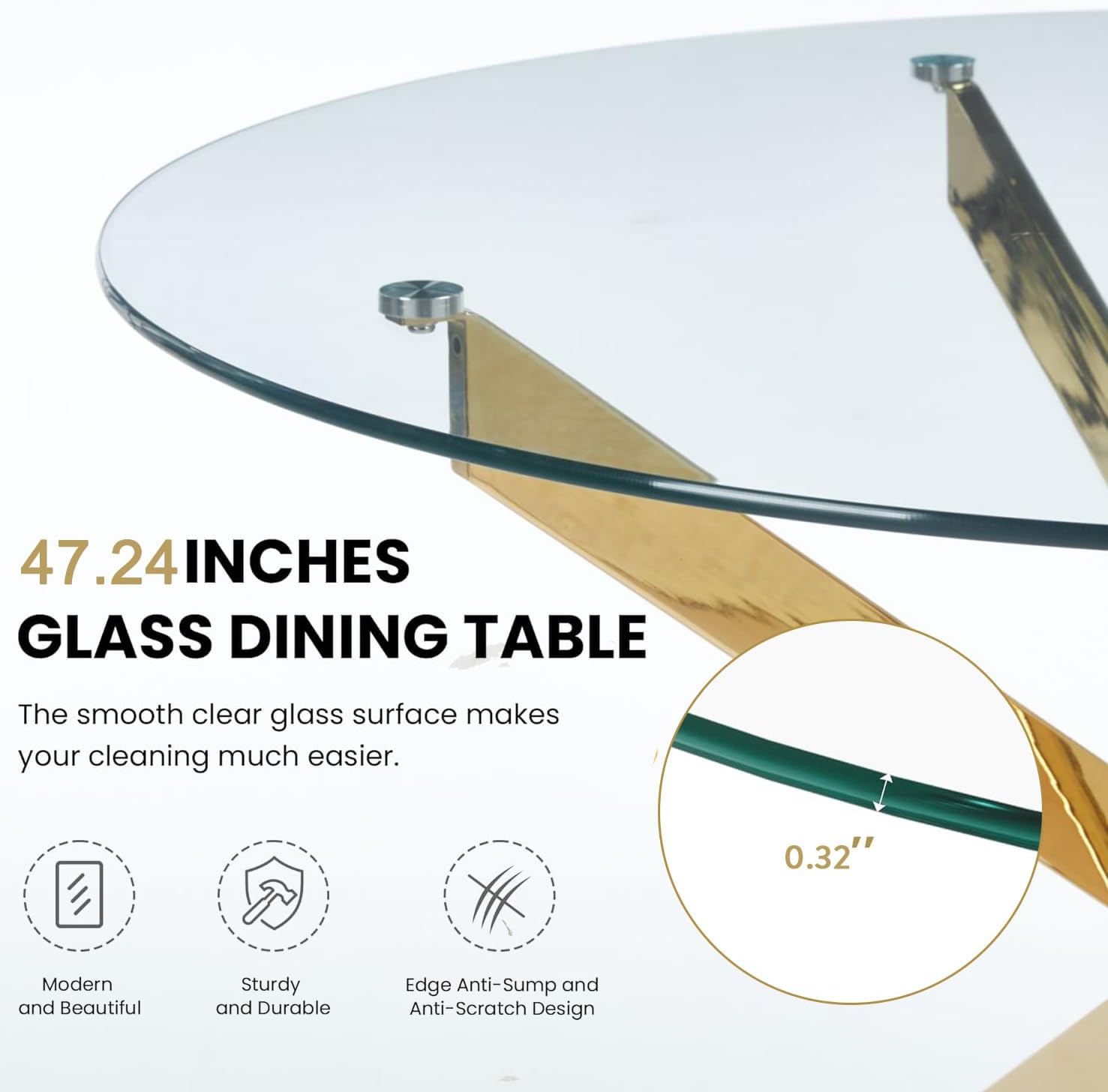 47.2'' Round Glass Dining Table for 4, Glass Round Dining Room Table with X-Shape Metal Legs, Clear Circular Top Gold Kitchen Table for 4, Perfect for Apartment Small Space