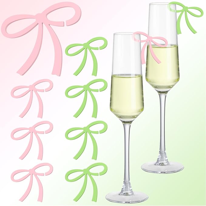 50 Pcs Bows Drink Tags Coquette Bow Wine Glass Charms Acrylic Bowknot Drink Tag for Bachelorette Birthday Wedding Coquette Tasting Party Decor Accessory(Green, Pink)