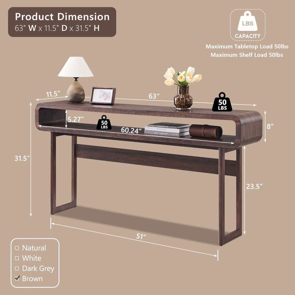IFGET 63-Inch Long Console Table, Modern Curved Entryway Table, Dark Walnut | 31.5" Tall Entryway Table with Open Storage Shelf, Narrow Wood Sofa Table Behind Couch Table for Living Room, Hallway,Foyer
