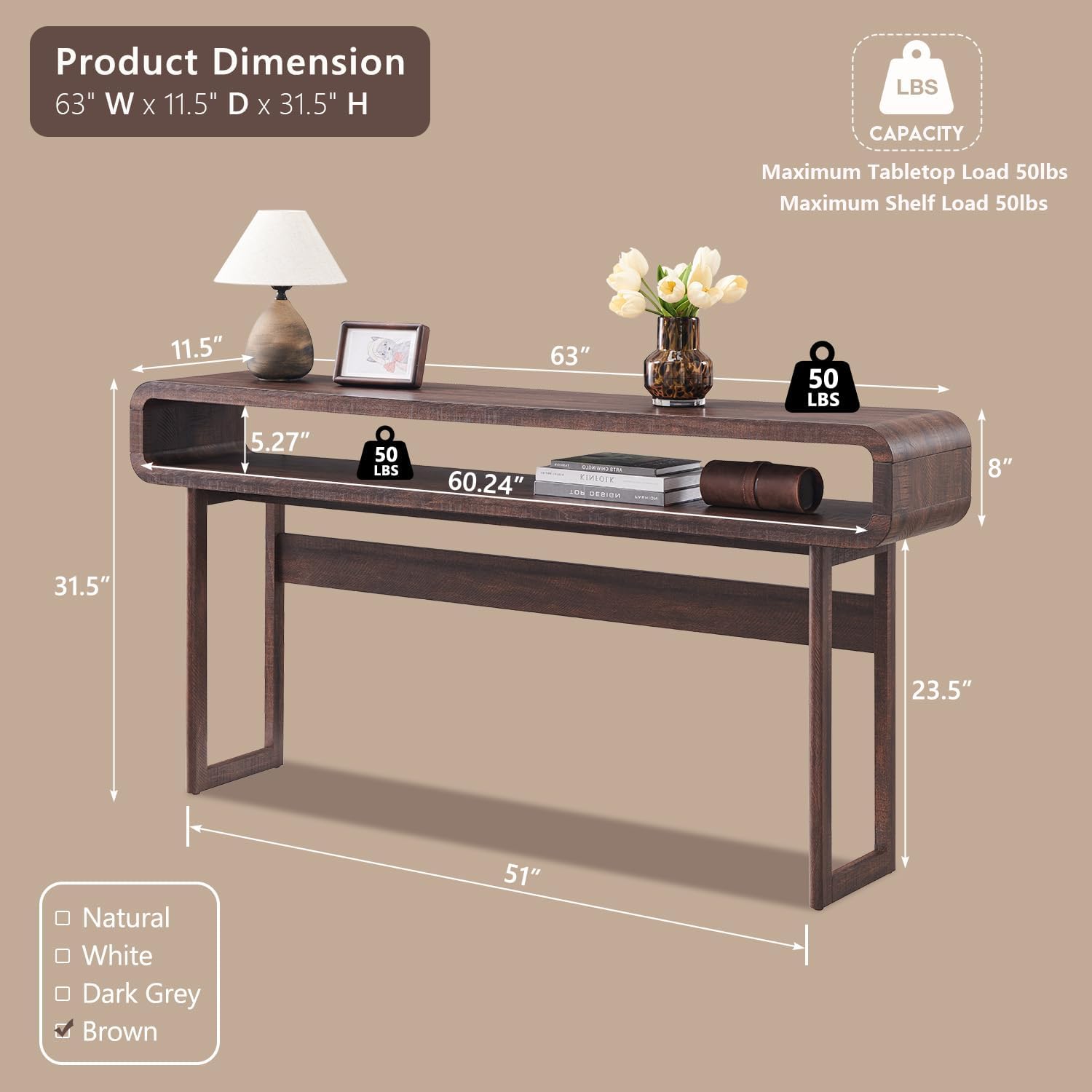 IFGET 63-Inch Long Console Table, Modern Curved Entryway Table, Dark Walnut | 31.5" Tall Entryway Table with Open Storage Shelf, Narrow Wood Sofa Table Behind Couch Table for Living Room, Hallway,Foyer