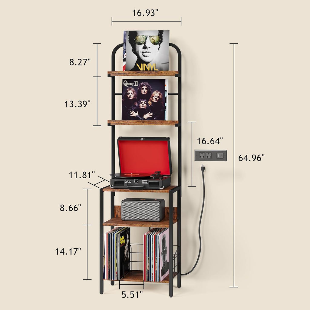 Record Player Stand with Power Outlet, Turntable Stand with 2-Tier Vinyl Record Storage, Record Player Table Up to 200 Albums, End Table for Vinyl Record Holder for Living Room