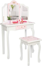 NC Pink Kids Vanity Set Wood Makeup Table and Chair Set for Little Girls Princess Child Vanity Desk Tri-Fold Mirror Dressing Table with Drawer (Pink Star Style)