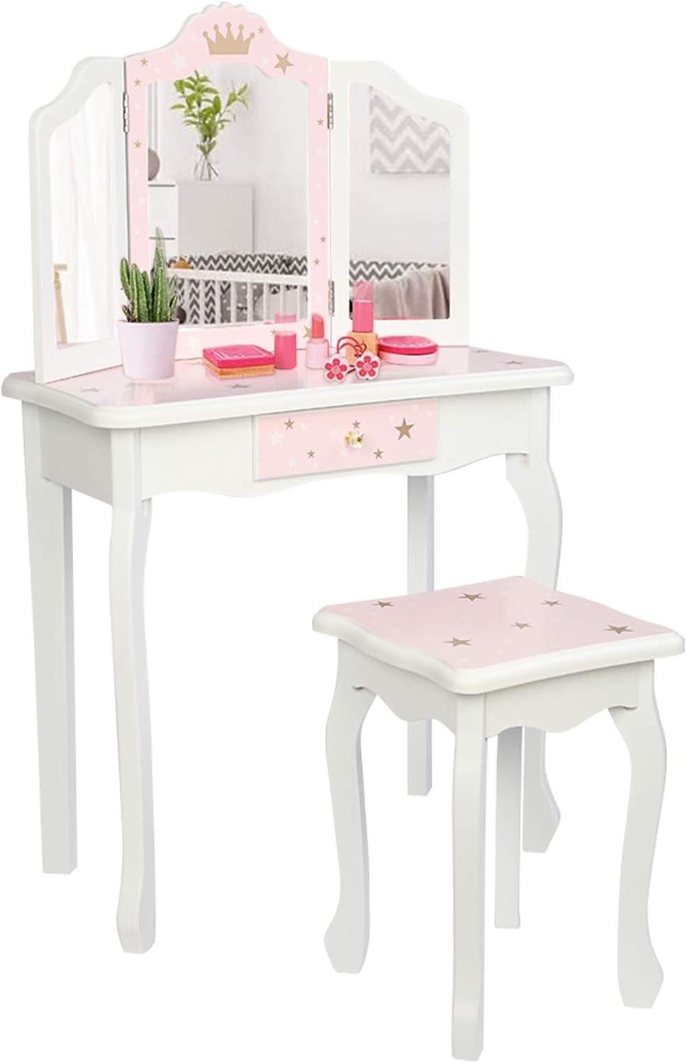 NC Pink Kids Vanity Set Wood Makeup Table and Chair Set for Little Girls Princess Child Vanity Desk Tri-Fold Mirror Dressing Table with Drawer (Pink Star Style)