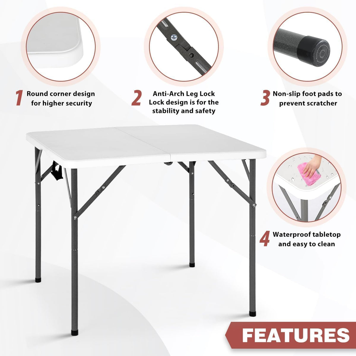 34" Square Folding Card Table, Fold-in-Half Utility Dining Portable Tables Heavy Duty HDPE Plastic Foldable Table with Carrying Handle Indoor Outdoor for Picnic, Camping, Party, White