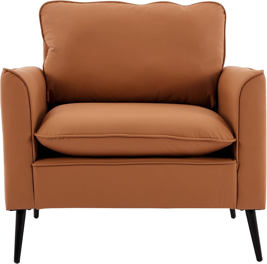 YISHENG Mid-Century Modern Living Room Accent Chairs Set of 2 - Oversized Faux Leather Armchairs with Removable Cushions & Metal Legs, Comfortable Sofas for Office/Lounge/Bedroom/Reception,（Brown）