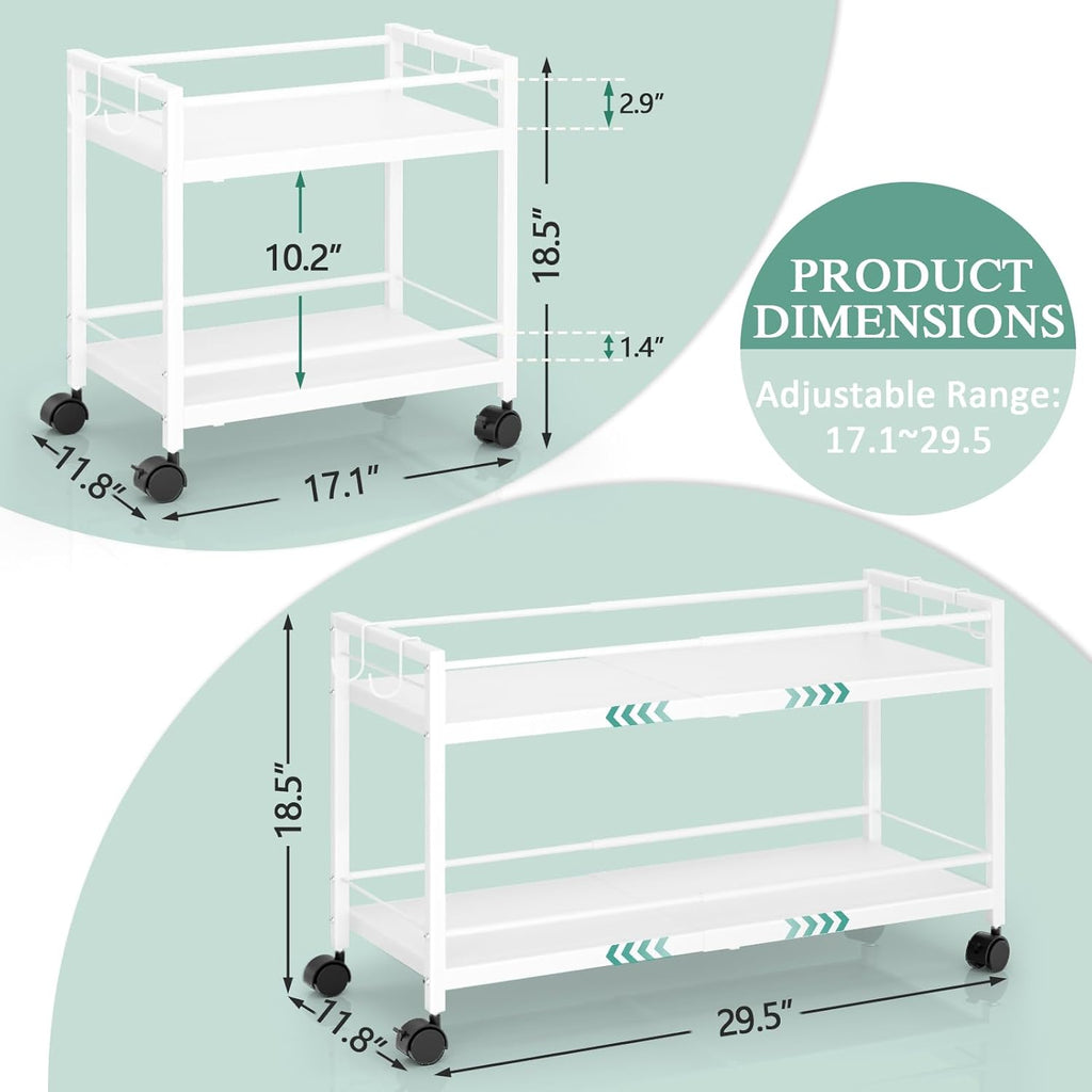 2-Tier Expandable Rolling Pantry Cart with Wheels, Adjustable Floor Organizer for Kitchen Pantry, Can Organizer for Pantry, Storage Cart for Snack, Food, Vegetables, White, Patent Pending