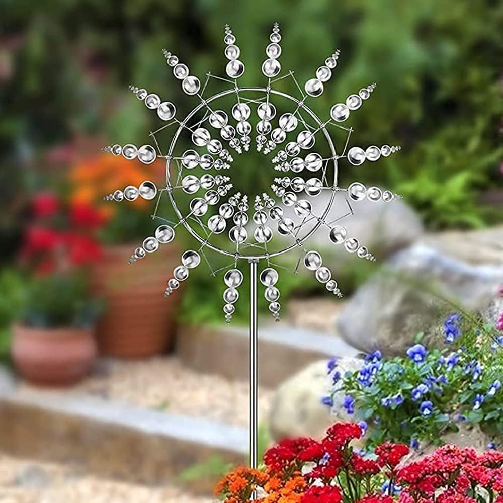 Magical Metal Windmill, Stainless Steel Windmill,Kinetic Metal Wind Spinners Garden Stake, 3D Wind Sculptures Move with The Wind Lawn Solar Wind Catcher Outdoor Patio Garden Decoration (SILVER-1PCS)
