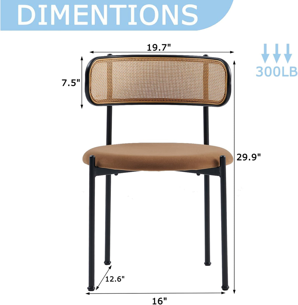 Rattan Dining Chairs Set of 6, Kitchen Chairs with Curved Cane Backrest &Metal Legs, Modern Dining Room Chair, Round Upholstered Sherpa Chair for Living Room, Brown