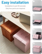 AmasSmile 2PC Storage Ottoman Foot Rest Stool, 17 inch Velvet Footstool Bench, Short Ottomans Stool, Small Folding Storage Ottoman Store Books, Records, Pink