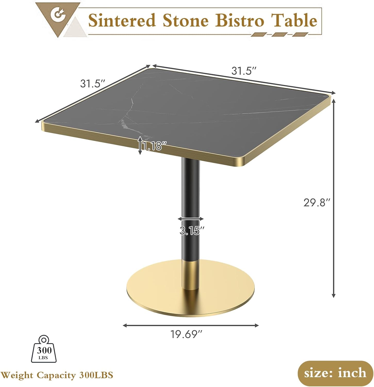 SSLine Square Dining Table for 2 Modern Luxury Marble Sintered Stone Kitchen Table for 2-4, Small 31.5" Bistro Tulip Table with Faux Marble Top and Gold Metal Pedestal Base