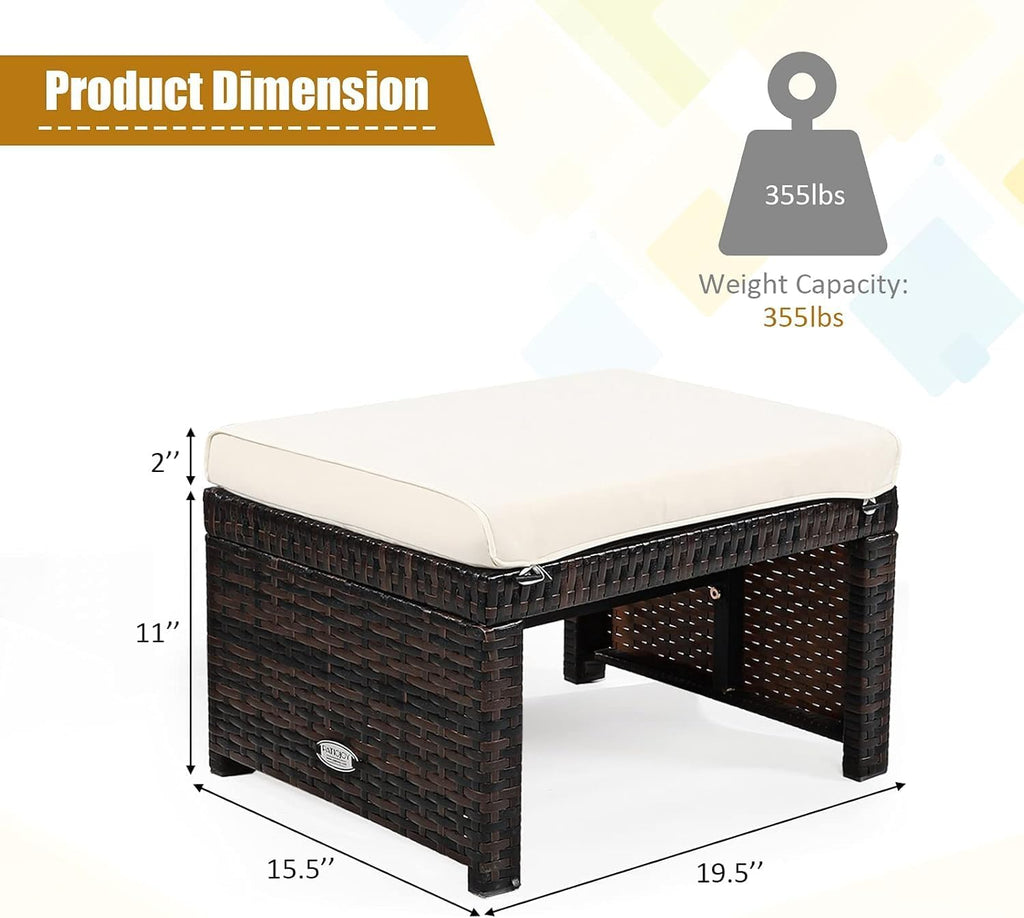 2-Piece Wicker Ottomans, Outdoor Rattan Foot Rest Set of 2 w/Removable Cushions, Multipurpose Foot Stool, Side Table & Additional Seating for Patio, Backyard & Poolside (Off White)