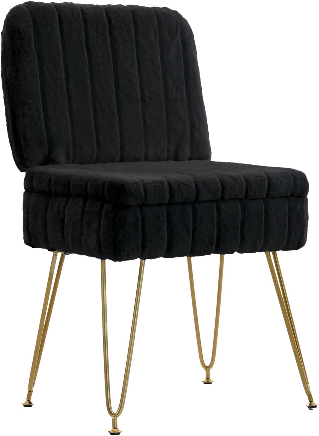 Vanity Chair with Storage | Comfy Ottoman with Folding Back | Faux Fur Vanity Stool with 4 Metal Legs for Make Up | Furry Padded Seat with Anti-Slip Feet for Bedroom Dressing Room | Black