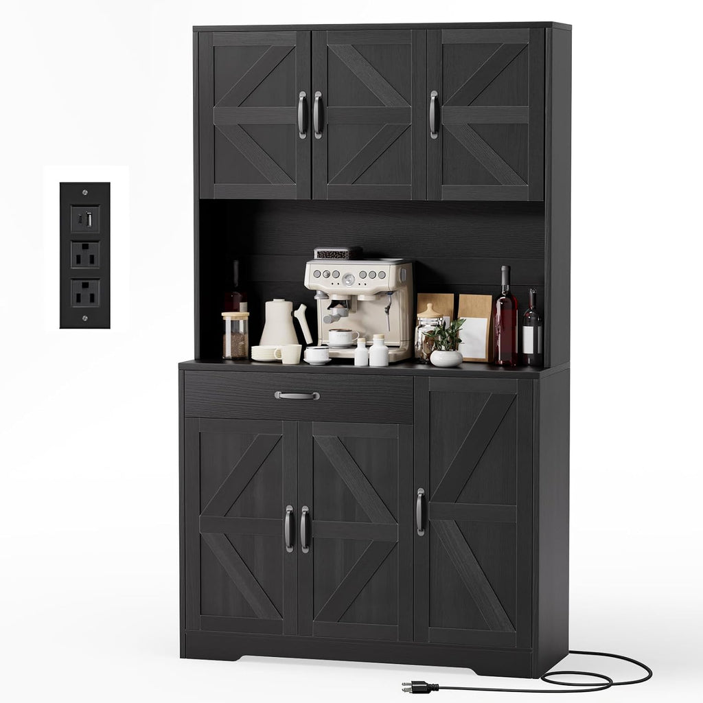 GRUSIGN 71" Pantry Cabinet with Charging Station, Large Capacity Kitchen Hutch Storage Cabinet, Kitchen Cabinet with Microwave Stand, Storage Drawers & Adjustable Shelves for Dining Room, Black