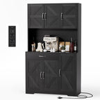 GRUSIGN 71" Pantry Cabinet with Charging Station, Large Capacity Kitchen Hutch Storage Cabinet, Kitchen Cabinet with Microwave Stand, Storage Drawers & Adjustable Shelves for Dining Room, Black