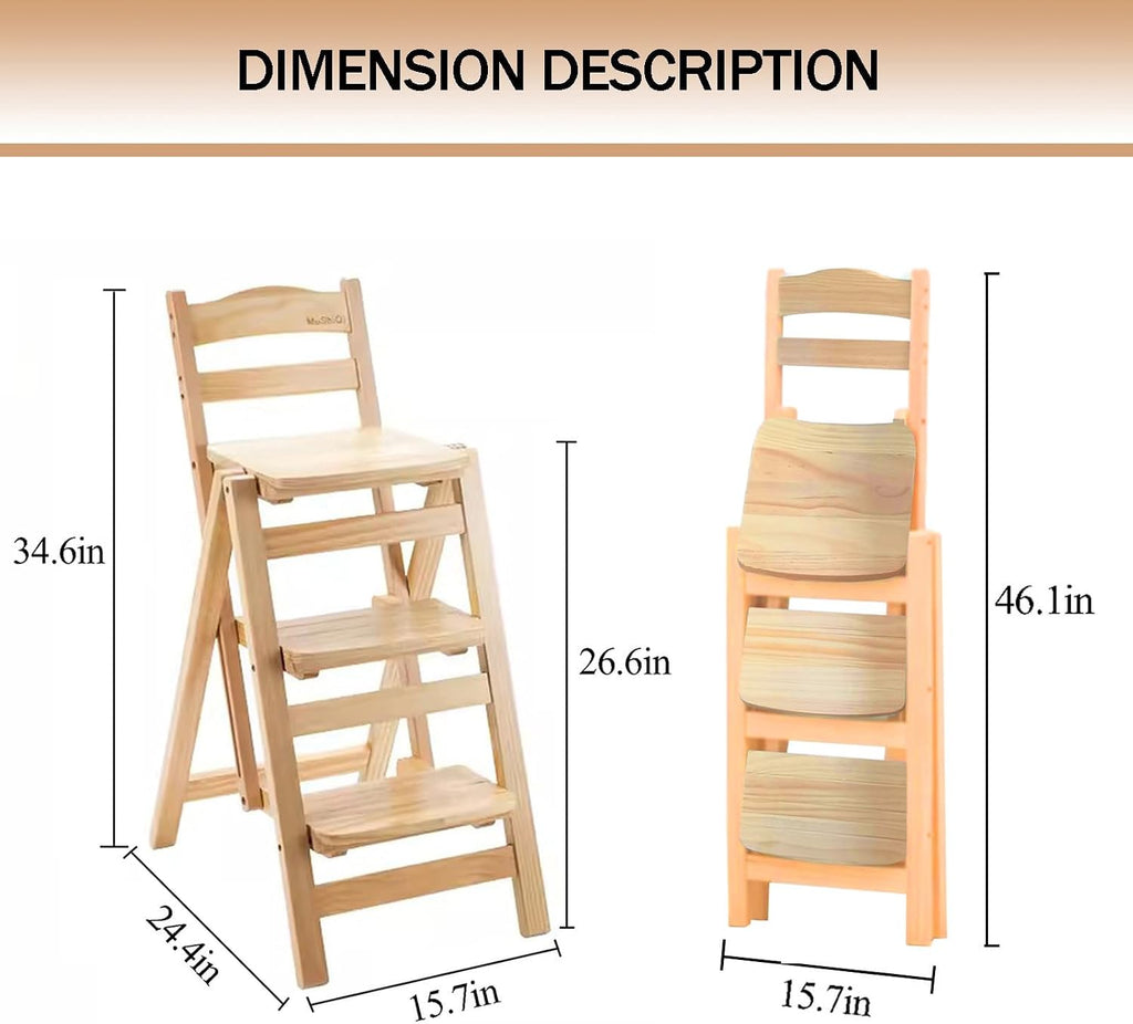 Folding Bar Stool, 3 Step Multifunction Portable Adults Solid Wood Ladder Stool for Household Kitchen, Bathroom Storage Shelf, Wood Color