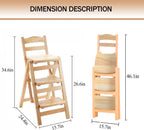 Folding Bar Stool, 3 Step Multifunction Portable Adults Solid Wood Ladder Stool for Household Kitchen, Bathroom Storage Shelf, Wood Color