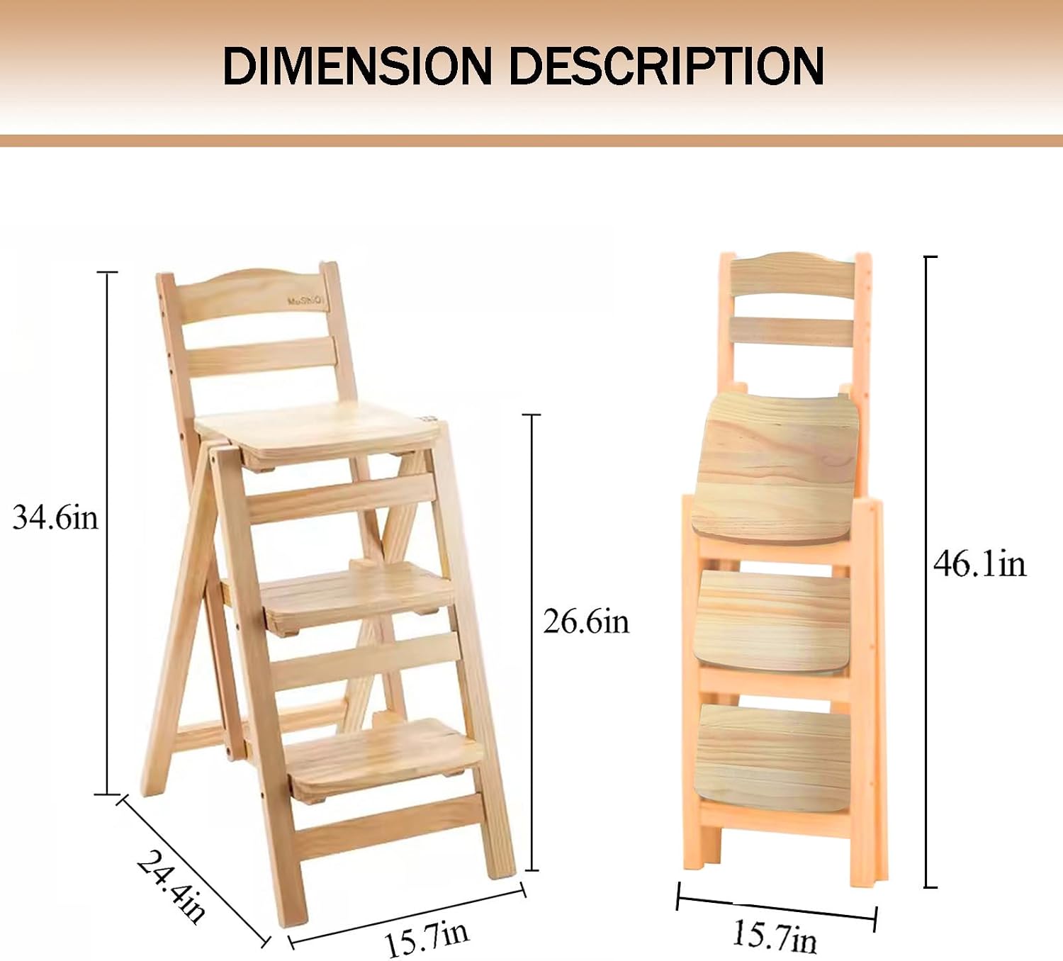 Folding Bar Stool, 3 Step Multifunction Portable Adults Solid Wood Ladder Stool for Household Kitchen, Bathroom Storage Shelf, Wood Color